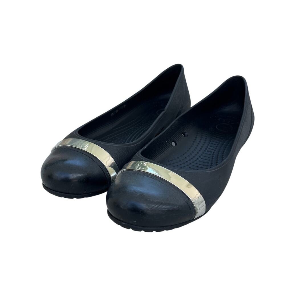 Womens Crocs Cap Toe Mirror Ballet Flats Rubber Size 8 Black Silver